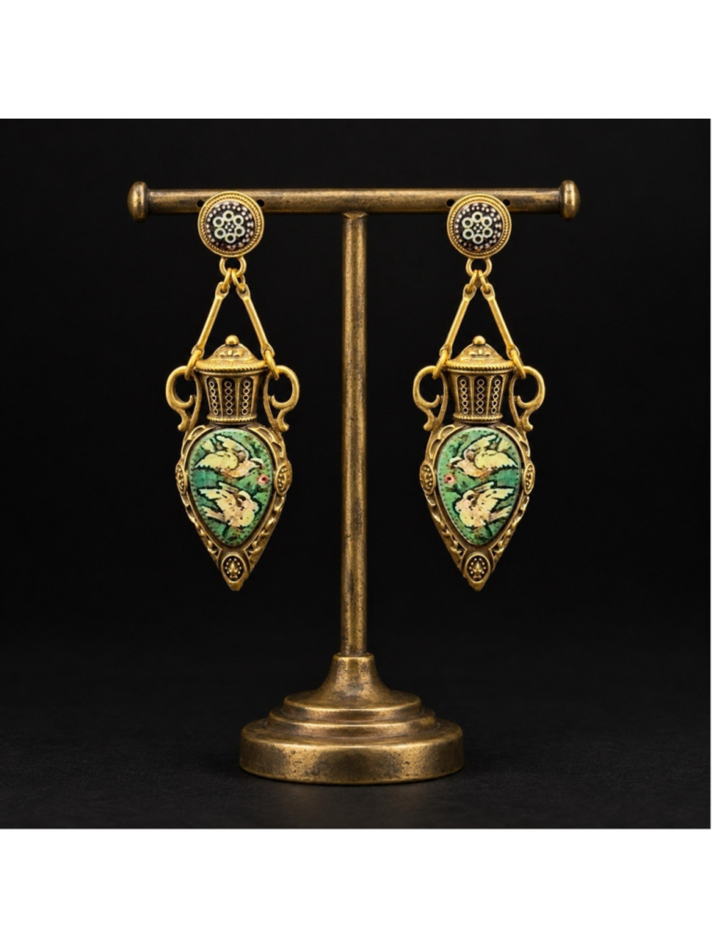 Museum Vase Bird Dove Earrings Antique Amphora Flower VTG Gold Court Medieval - Picture 3 of 11